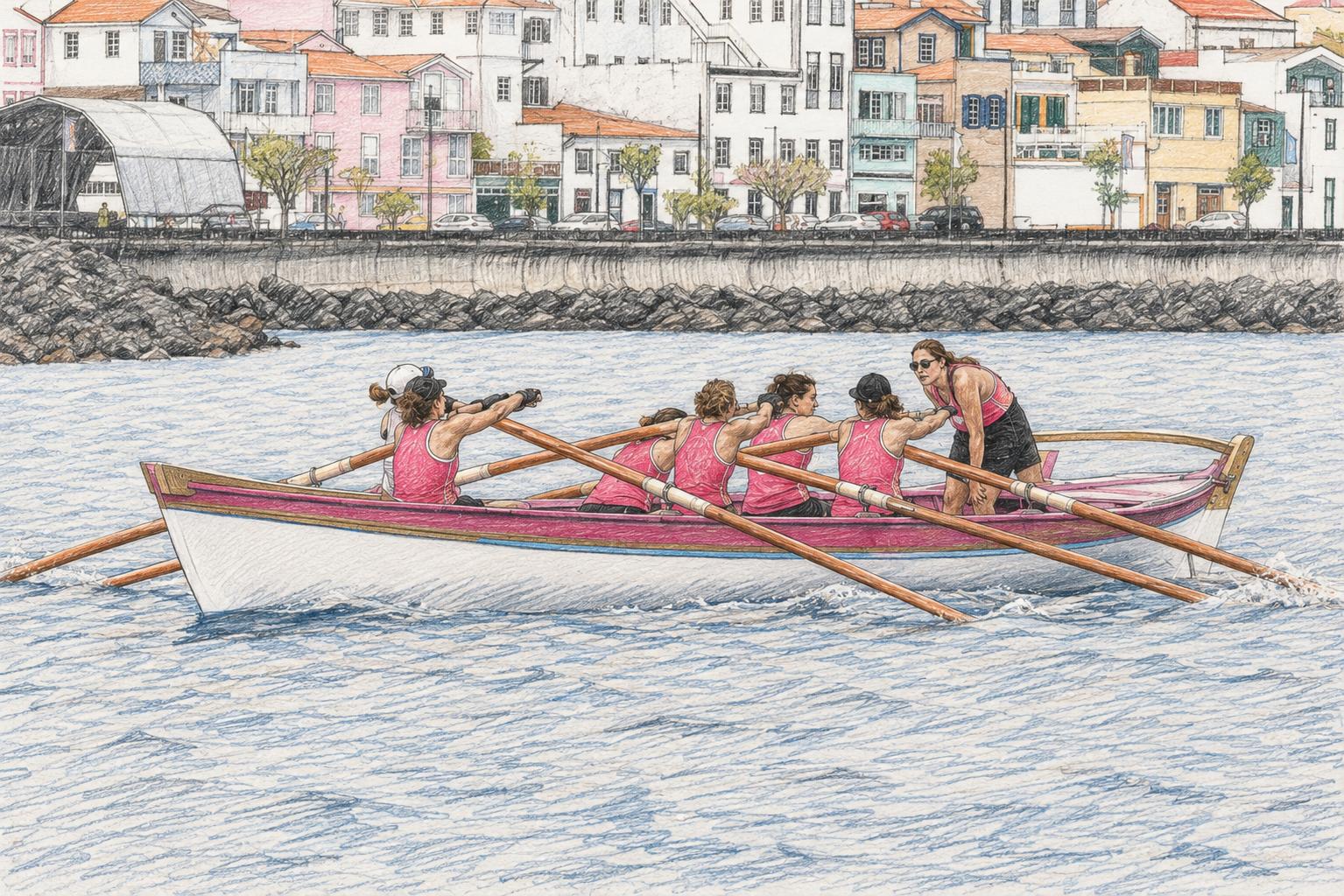 Illustration of a women’s whaleboat crew rowing with guidance from a coach