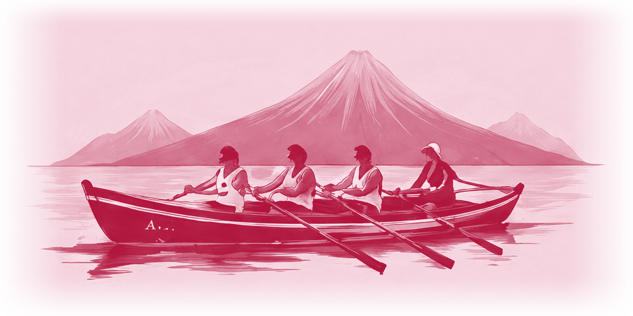 Illustration of a women’s crew rowing a whaleboat, with Pico in the background
