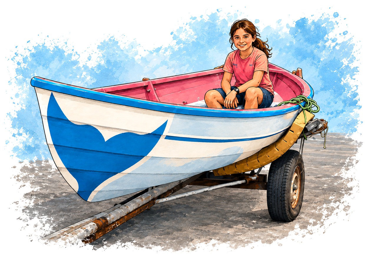 Ilustração de uma menina sentada num bote baleeiro sobre o atrelado, no cais
